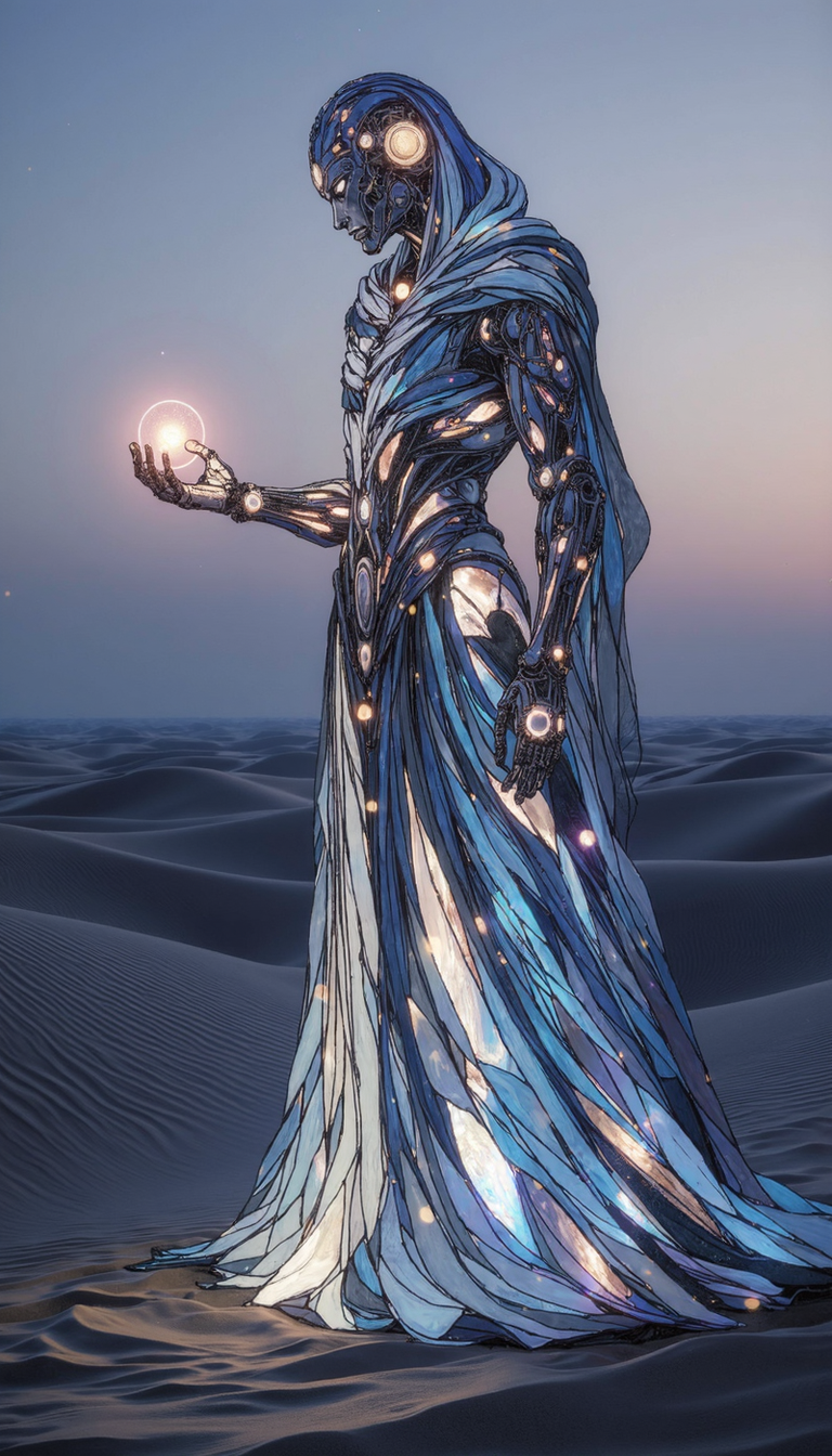 Bioluminescent, A lone, robed figure with bio-mechanical elements stands in a desolate, ethereal dreamscape. The figure's posture should convey a sense of somber contemplation, their head bowed as if in prayer or mourning. The robe, a cascading symphony of diaphanous fabric, should be rendered in a palette of glacial blues and pearlescent whites, reflecting the ambient luminescence emanating from their form and the glowing orb held delicately in their hand. Emphasize the juxtaposition between the figure's mechanical elements and the flowing fabric, highlighting a sense of both strength and fragility. A soft, diffused light, reminiscent of twilight, should bathe the scene, casting long, dramatic shadows across the windswept dunes.  The horizon should be painted with hues of lavender and pale gold, alluding to a distant, perhaps fading, hope.