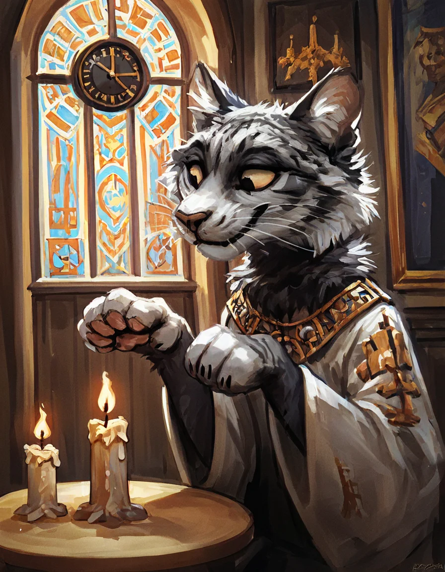 source_furry ,
russian siberian cat, fluffy, orthodox priest, wearing black clock, interior of a orthodox church, candle,
<lora:Better_Kenket:0.8> , <lora:Jacato_Style_Pony:0.5>, score_9, score_8_up, score_7_up, score_6_up, score_5_up,