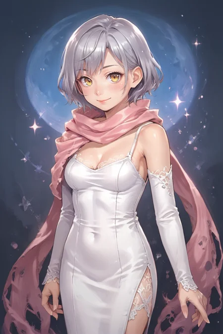 score_9, score_8_up, score_7_up, score_6_up, source_anime, BREAK, <lora:Zilva:0.65> , zildef, 1girl, short hair, grey hair, yellow eyes, scarf, pink scarf, bodysuit under clothes, looking at viewer, standing, cowboy shot, smile, closed mouth, clutter, <lora:g4l4xyXLP:0.7> , g4l4xy, galaxy, <lora:zy_Detailed_Backgrounds_v1:0.6> , detailed background, highly detailed, <lora:ElegantLaceDressPonyXL:0.8> , dr3ss, long white dress, off shoulder, detached lace sleeves, fitted bodice, floor-length, elegant, form-fitting, bridal gown,