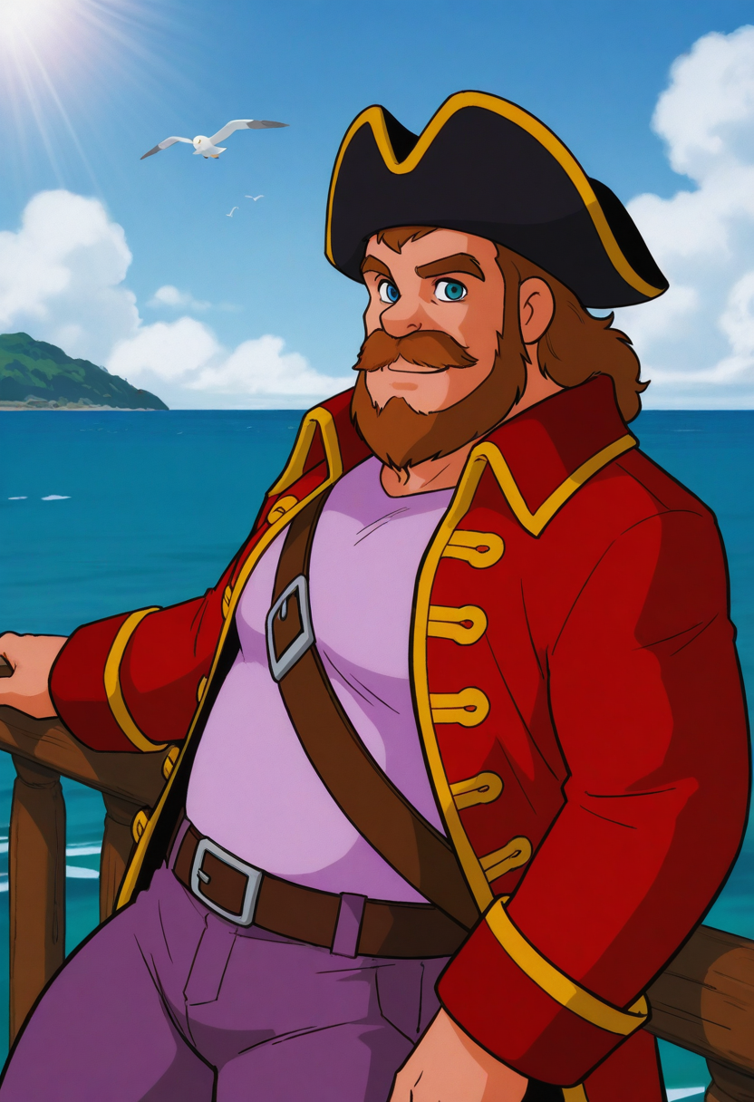1boy, day, sunlight, leaning back, smile, (upper body:1.5), light smile, looking at viewer, casual, (from side:0.1), against railing,
BREAK
retro artstyle, captaincolt, mature male, brown hair, medium hair, blue eyes, facial hair, beard, long sideburns, thick mustache, thick eyebrows,
BREAK
pirate, pirate hat, red coat, yellow trim, shoulder strap, purple shirt, long sleeves, brown belt, purple pants, black boots, black footwear,
BREAK
thick arms, large pectorals, thick thighs, short legs, blue sky, horizon, ocean, outdoors, cloudy sky, island, on ship, seagull, (plump:0.5),
BREAK
best quality, masterpiece, very aesthetic, absurdres, highest detailed, very awa, <lora:Captain_Colt_from_Doraemon_Nobitas_Great_Adventure_in_the_South_Seas_v1.0:1>