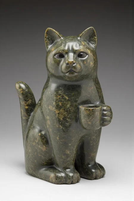 sculpture of grumpy cat holding a cup of coffee, carved with mottled dark grey stone. <lora:inuit_cap_d6a3e12:1.0><lora:821753365722761827:0>