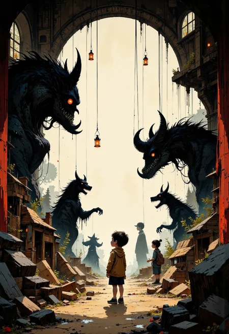 Create a beautifully detailed illustration capturing a fantastical world infused with nostalgia and shadowy intrigue. The style features clean, confident outlines with soft watercolor washes, balancing warmth and accessibility with intricate detail. The palette contrasts muted tones—warm ochres, soft reds, creamy whites—with stark, inky blacks, creating a dramatic interplay of light and shadow that evokes both innocence and mystery. The atmosphere blends vintage children’s book charm with an eerie undertone, as if balanced between reality and a shadowy dreamscape.
Characters should have naturalistic proportions and subtle expressiveness, their features gently exaggerated to reflect curiosity, resilience, or vulnerability. Dynamic shadow puppet figures may emerge in the background, their silhouettes adding to the narrative and reinforcing the duality of light and shadow. The focus will be on a specific subject—Venturing into an abandoned theater, Henry finds the stage alive with shadow puppet performances. The figures shift seamlessly between whimsical and unsettling, their black forms illuminated by a single, glowing red lantern hanging from invisible strings—carefully integrated into the scene. The composition is grounded yet surreal, seamlessly merging whimsical simplicity with haunting, thought-provoking detail to invite wonder and introspection.