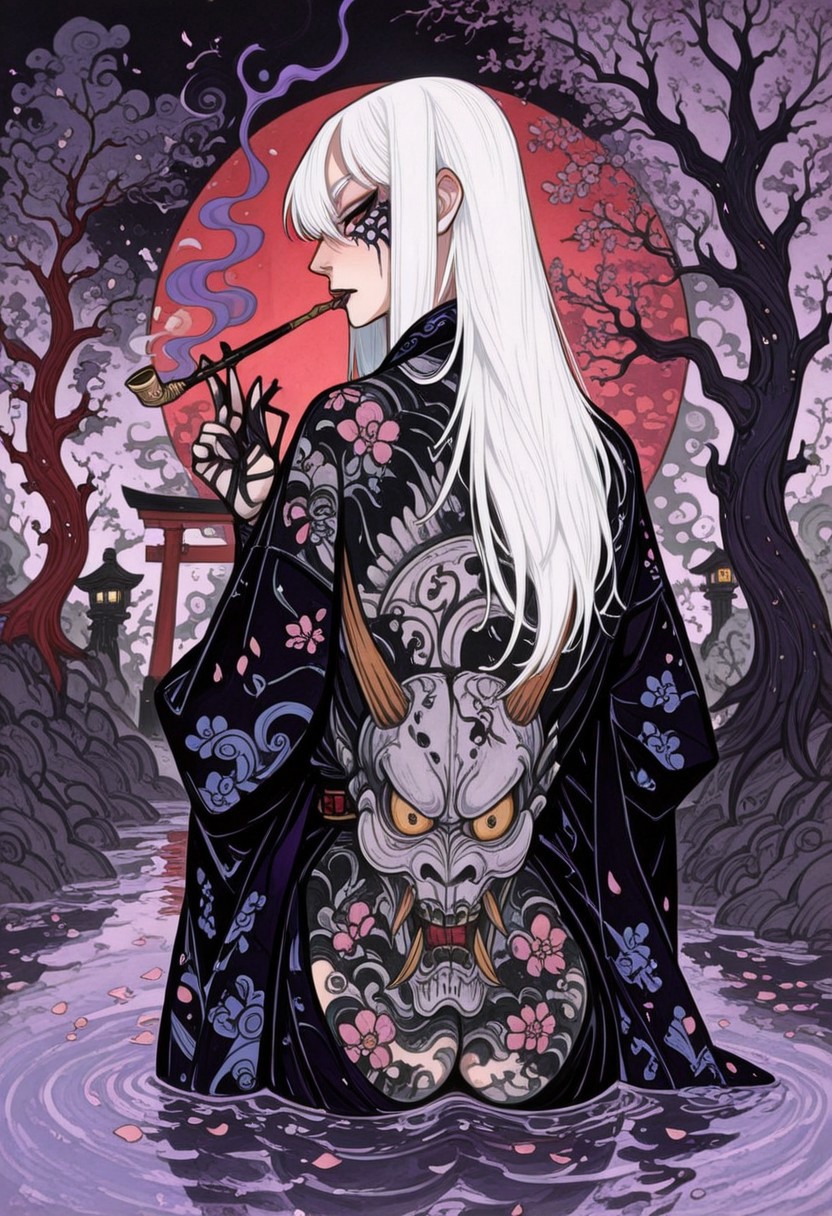 , best quality, amazing quality
, line art, line drawing, linesrt, shibari
, 1girl, solo, Nurarihyon, long hair, white hair, smoking pipe, pipe in mouth, purple smoke in pipe, kimono , (hold katana), show back,  asscheek, look at viewer, 
, reveal upper body from the water, water reflection
, outdoors, lacquerware, sake, pink petals floating on the water,  Torii, Crooked dead tree
, black cloud, red smoke, steam, fog, Ukiyoe, close up, bloom
, shadow, local light, spot light, bottom light, title, from side
, back tattoo, tattoo on hips, ass tattoo, skull tattoo
, defocus, foreground, blurry
, ukiyo-e,y0k4i, , dynamic pose, foreshortening, extreme perspective, fighting stance