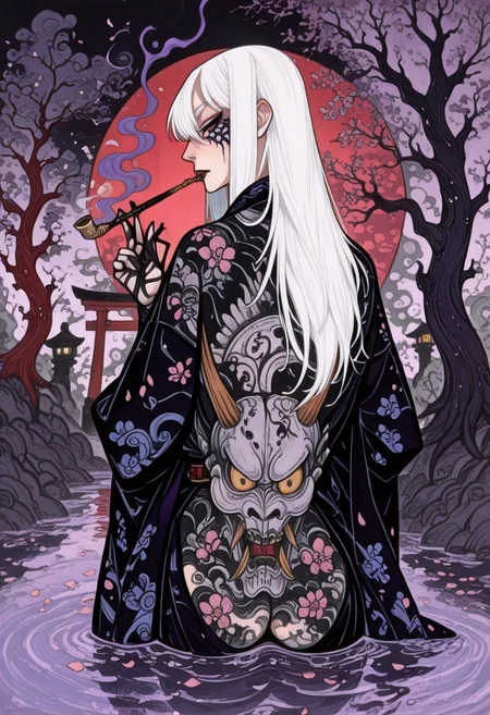 , best quality, amazing quality
, line art, line drawing, linesrt, shibari
, 1girl, solo, Nurarihyon, long hair, white hair, smoking pipe, pipe in mouth, purple smoke in pipe, kimono , (hold katana), show back,  asscheek, look at viewer, 
, reveal upper body from the water, water reflection
, outdoors, lacquerware, sake, pink petals floating on the water,  Torii, Crooked dead tree
, black cloud, red smoke, steam, fog, Ukiyoe, close up, bloom
, shadow, local light, spot light, bottom light, title, from side
, back tattoo, tattoo on hips, ass tattoo, skull tattoo
, defocus, foreground, blurry
, ukiyo-e,y0k4i, , dynamic pose, foreshortening, extreme perspective, fighting stance