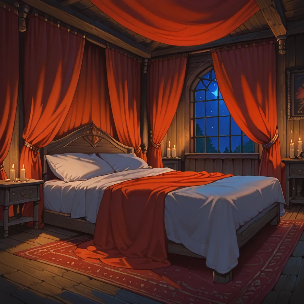 ethereal fantasy concept art of  masterpiece,best quality,amazing quality,  <lora:IL_Medieval_brothel_Bedroom_r1:1> medieval_brothel, bedroom, canopy bed, wooden floor, wooden wall, candle, night, red curtains, carpet, window,  . magnificent, celestial, ethereal, painterly, epic, majestic, magical, fantasy art, cover art, dreamy