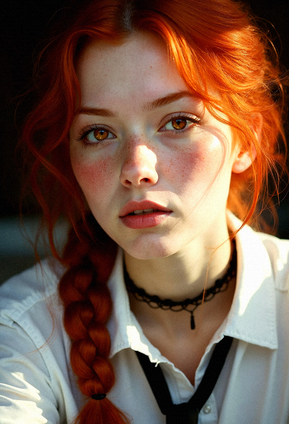  an ultra-realistic close-up image of a red-haired woman with warm, amber eyes and a relaxed, introspective expression. Her hair is neatly braided and drapes over her shoulder, catching the sunlight that filters through an unseen window, giving her hair a rich, fiery glow. Her attire consists of a slightly unbuttoned white shirt that hints at an easygoing, yet polished style, with a black tie hanging loosely around her neck and a slim black choker accentuating her neckline. Her fair skin is illuminated by the soft, natural light, highlighting the faint blush on her cheeks and the fine details of her complexion. The background should be minimal, softly blurred to keep the focus on her expressive face and the gentle interplay of light and shadow. The overall mood is calm and intimate, with a focus on achieving a high level of photorealism that captures every detail, from the texture of her skin to the delicate strands of her hair.





