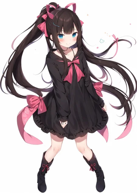1girl, takimoto hifumi, solo, blue eyes, long hair, brown hair, floating hair, white background, collarbone, black footwear, looking at viewer, ribbon, pink dress, dress, very long hair, hair ribbon, red bow, red ribbon, hair bow, simple background, bow, boots, long sleeves, blunt bangs, bangs, full body, ponytail, blush, smile, shirt
<lora:amaki_natsuki-loha-v1.0:0.7>, (masterpiece,best quality)