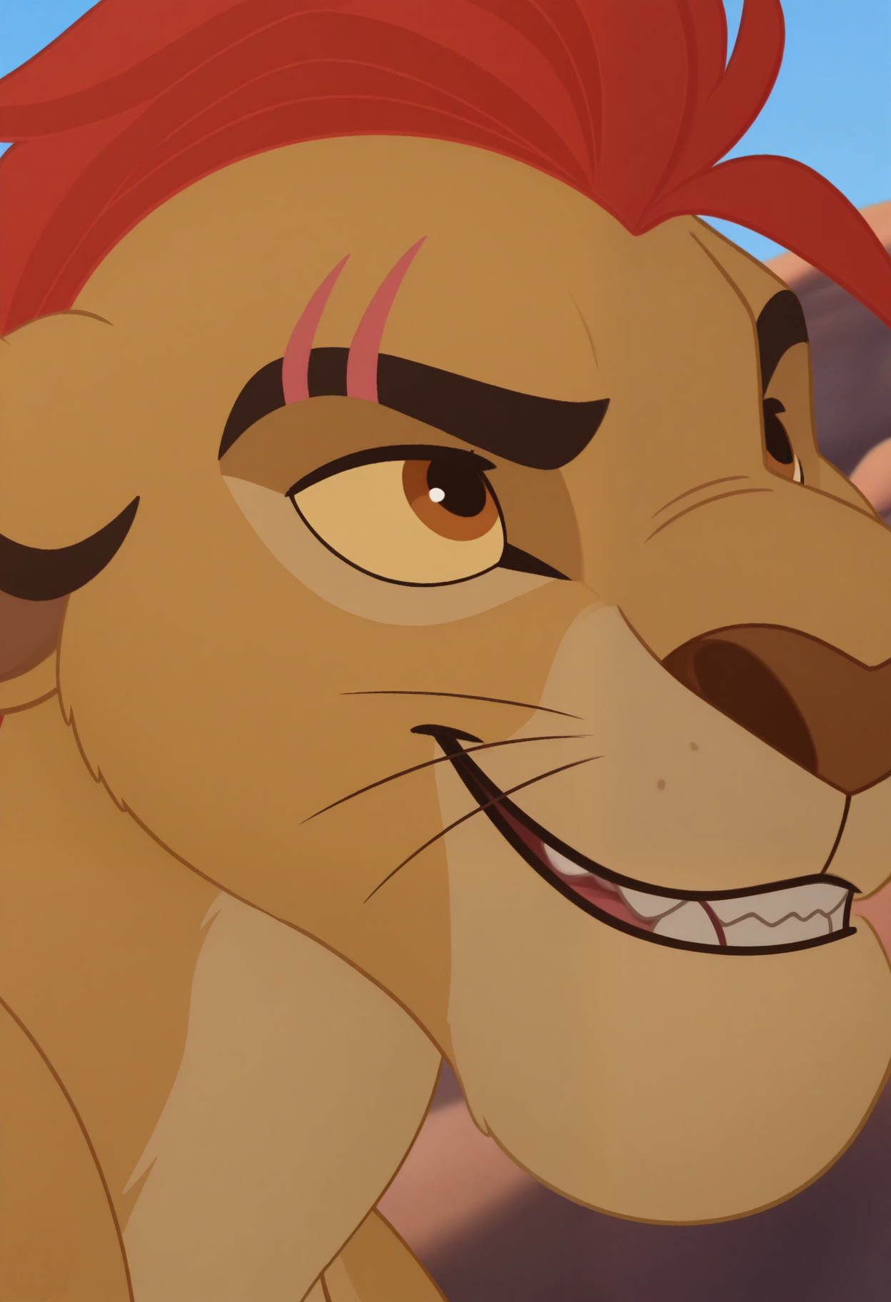 masterpiece,best quality,amazing quality, 1boy, solo, k10n, anthro lion, bara, brown fur, colored sclera, brown eyes, kion's scar, red mohawk, lion tattoo, close up, side angle, smirk