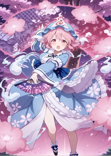 absurdres, highres, masterpiece, best quality, amazing quality, official anime artwork, screencap, anime screencap, outdoors, looking at viewer, dynamic pose,
<lora:Yuyuko-Saigyouji_IllustriousV3:1> saigyouji yuyuko, 1girl, solo, pink eyes, pink hair, short hair, large breasts,, blue hat, mob cap, triangular headpiece, blue neck ribbon, blue kimono, frilled kimono, long sleeves, wide sleeves, floral print, blue ribbon, hand fan, folding fan
sakura tree, fighting stance, serious, open mouth, floating hair, petals, danmaku,
<lora:Yuyuko's-Fan-Aura_Illustrious:0.9> yuyuko-fanaura, background, cloud, folding fan, chariot, pink aura, flower,