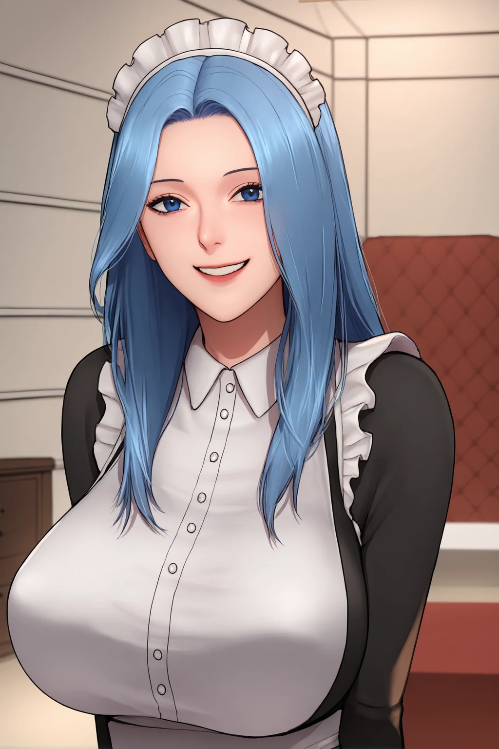 score_9,
<lora:scarlett_ann_v1_lite:1>,
maid, dress, long hair, light blue hair, large breasts, smile, looking at viewer, portrait, arms behind back, long sleeves,
dark blue eyes,
indoors,
rating_safe,
high resolution, Masterpiece