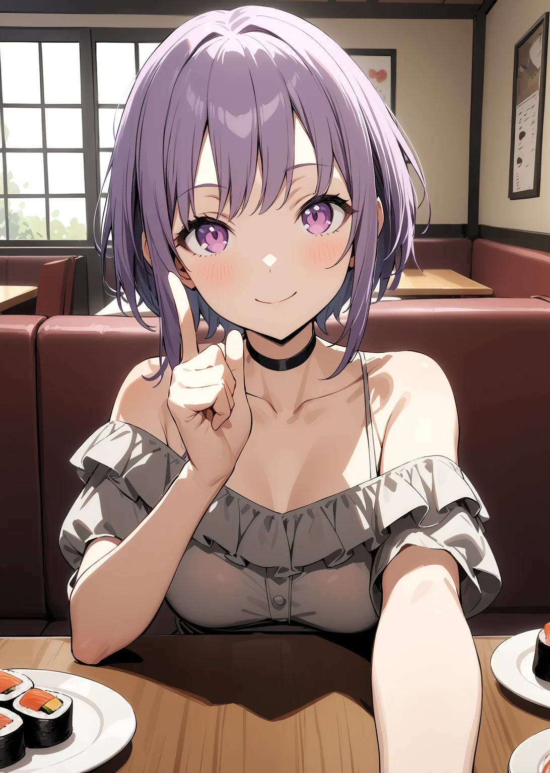 masterpiece, best quality, absurdres, very authentic, 1girl, solo, YuutenjiNyamu, restaurant, day, indoors, window, couch, sitting, on couch, behind table, looking at viewer, sushi, plate, (index finger raised:1.1), finger on own chin, smile, closed mouth, reaching towards viewer, pov, off-shouder shirt, (frills:1.1), bare shoulder, black choker,
<lora:YTJNM-anxl31:0.6>,