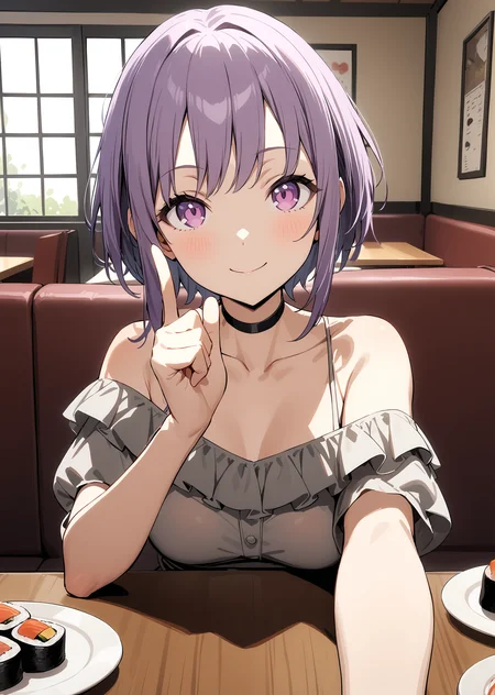 masterpiece, best quality, absurdres, very authentic, 1girl, solo, YuutenjiNyamu, restaurant, day, indoors, window, couch, sitting, on couch, behind table, looking at viewer, sushi, plate, (index finger raised:1.1), finger on own chin, smile, closed mouth, reaching towards viewer, pov, off-shouder shirt, (frills:1.1), bare shoulder, black choker,
<lora:YTJNM-anxl31:0.6>,