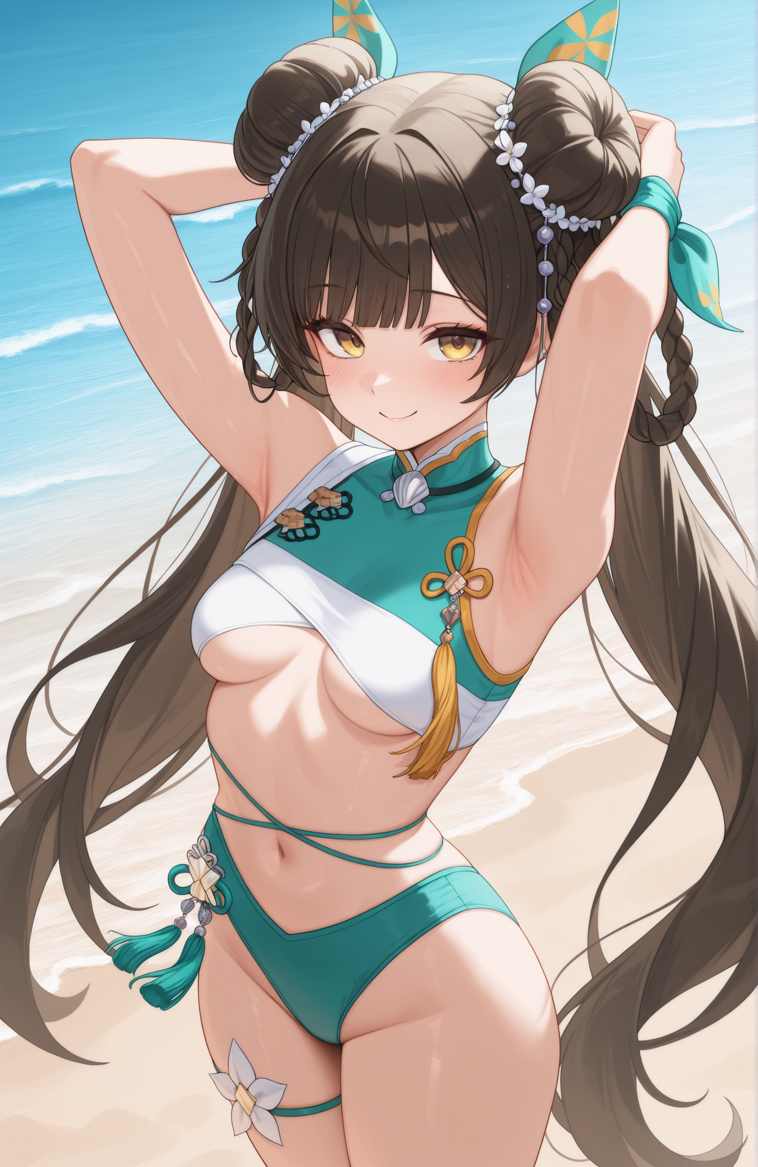 masterpiece, best quality, 1girl,  Ldn, black hair, yellow eyes, double bun, low twintails, braided hair rings, cross-laced bikini, multicolored bikini, charm (object), aqua bikini, white bikini,  hair ornament, wrist ribbon, tassel, hair ribbon, pendant choker, thigh strap, underboob, bare shoulders, hair beads, looking at viewer, smile, beach, arms behind head, armpits,   <lora:Summer toast 5:1>