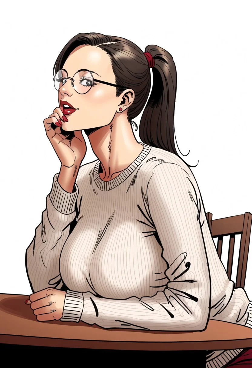 1girl
score_9, score_8_up, score_7_up, score_6_up, full frame image, side view, (chiaroscuro lighting)  source_cartoon, f3rn4nd0, (line art) , dynamic view, 
pov portrait, solo, 22yo girl, girl sitting at a table in a restaurant, ponytail, petite, sweater, (firm shapely breasts:1.1), Expressiveh, nerd, round glasses, breast rest on table, large breasts
Full frame image. White background
