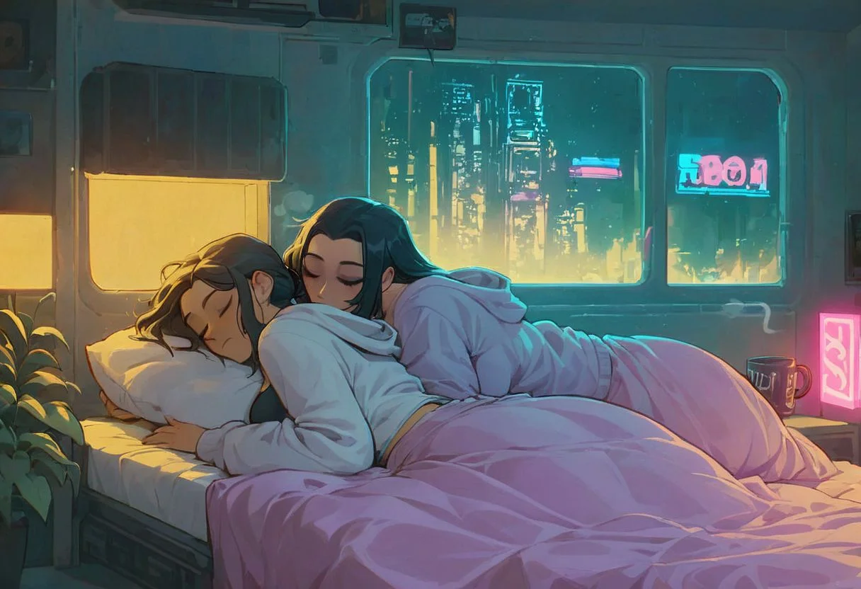 score_9,score_8_up,score_7_up,score_6_up, 2girls, both girls in bed, next to each other, both are sleeping,
sleeping in bed next to a large window, eyes closed, sleeping, steaming coffee cup on windowsill, wearing croptop hoodie, black croptop hoodie, long hair, black hair, low ponytail hairstyle, head resting on pillow, laying on the bed, hoodie, plants on the windowsill, facing viewer, tidy bedroom, small room, cramped bedroom, teddies on the bed, pink pillows, wearing legging, see through thights, black tights, cyberpunk city view out of the window, neon light, purple neon lights,