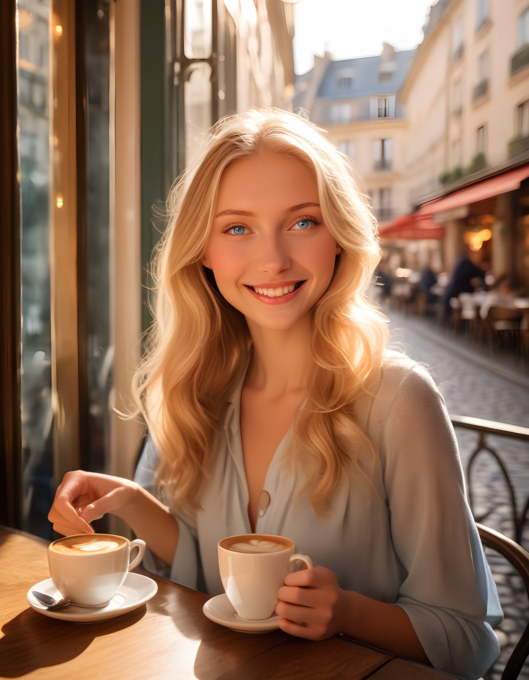 In a quaint, sunlit French cafe bathed in the golden hour's glow, Kemkin stands by an open window overlooking the bustling cobblestone street below. Her radiant blonde hair cascades in gentle waves, framing her striking blue eyes and perfect teeth that shine brightly. Her lips curved into a captivating smile, she poses elegantly with a steaming cup of coffee in hand, surrounded by soft, warm hues of the cafe's interior, creating an intimate, romantic ambiance.