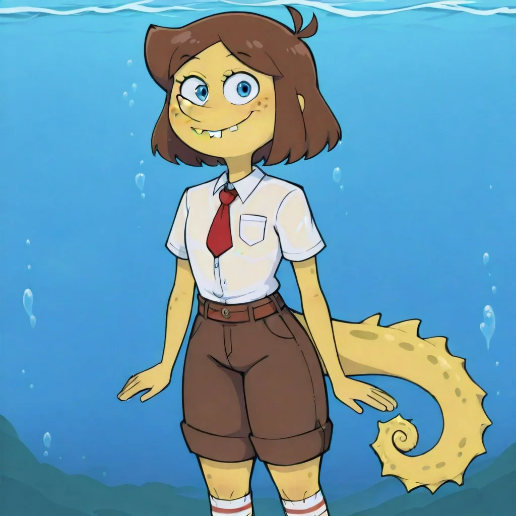 score_9, score_8_up, score_7_up,score_9, score_8_up, score_7_up, ((cowboy shot)), standing, ocean, BREAK, ((High fantasy art style)), solo, 2d, Spongebob Squarepants, blue eyes, colored skin, yellow skin, buck teeth, brown pants, red tie, white shirt, striped white socks, black shoes, , ((long brown hair):1.5), ((on seahorse), ((under water)), ((detailed blue eyes)), ((Masterpiece), (absurdres), (shadowy), (mysterious), smile