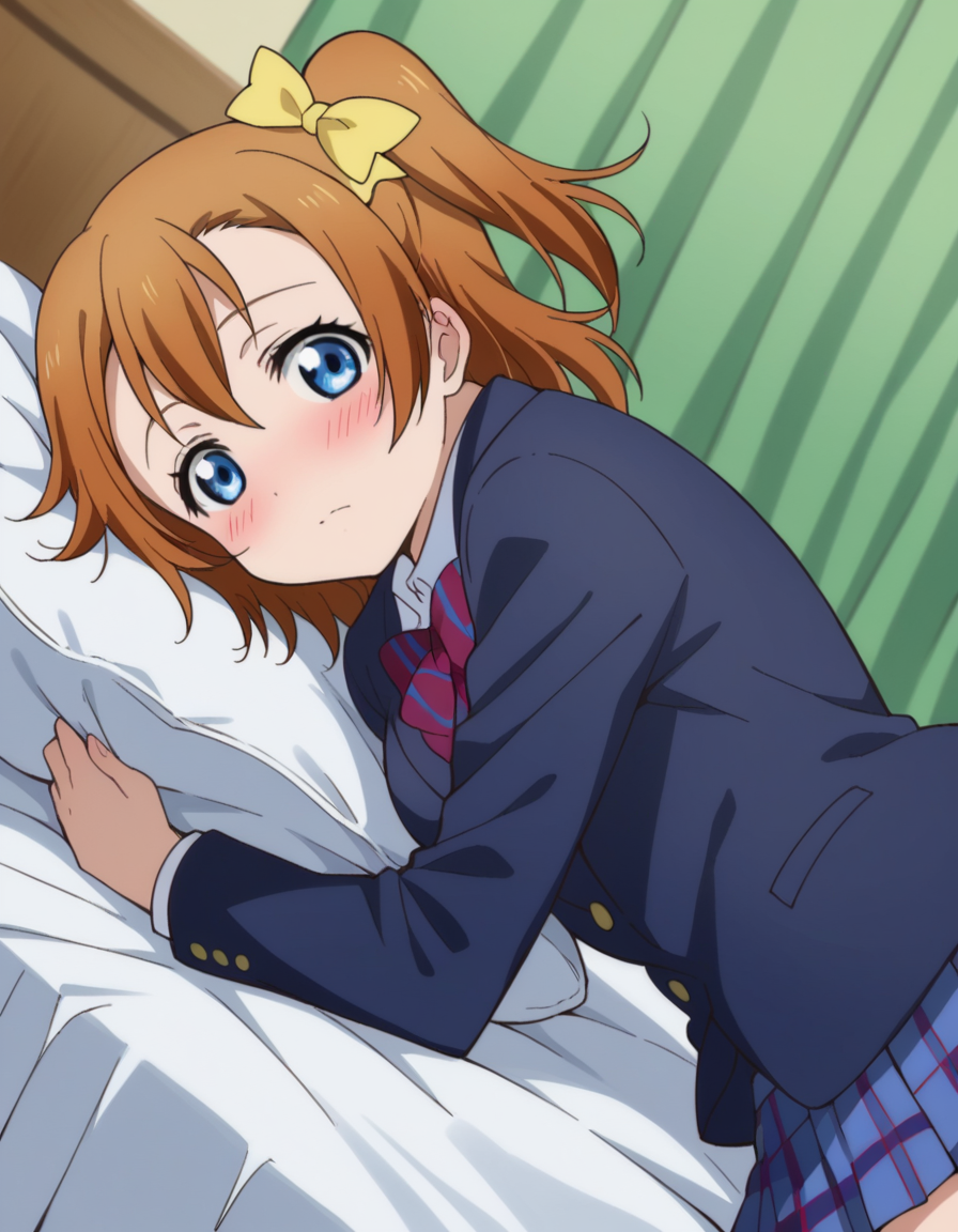 score_9, score_8_up, score_7_up, source_anime, <lora:honoka-kousaka-s1-ponyxl-lora-nochekaiser:1>, honoka kousaka, blue eyes, brown hair, hair bow, orange hair, one side up, short hair, yellow bow,, skirt, school uniform, jacket, blazer, winter uniform, otonokizaka school uniform,, indoors, bed, bed room, on side, blush, drunk, looking at viewer, solo,, cowboy shot, dutch angle
