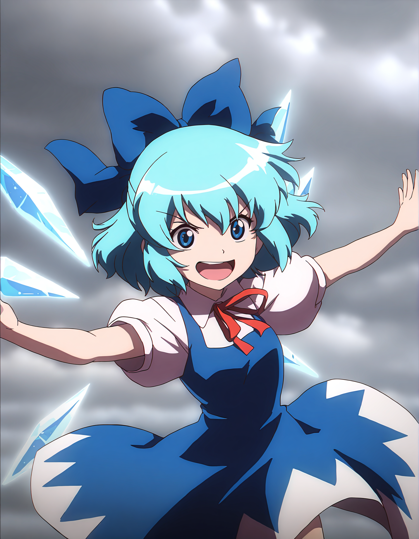 memoriesofphantasm, 1girl, solo, blue hair, cirno, wings, dress, bow, hair bow, open mouth, blue dress, blue eyes, ice, ice wings, short hair, short sleeves, blue bow, cloud, sky, looking at viewer, shirt, smile, general, ribbon, arms up, outstretched arms, puffy sleeves, sensitive, puffy short sleeves, white shirt, neck ribbon, v-shaped eyebrows, cloudy sky
very awa, masterpiece, best quality, year 2024, newest, highres, absurdres, <lora:memories-of-phantasm-style-noobai-epspred11:1>