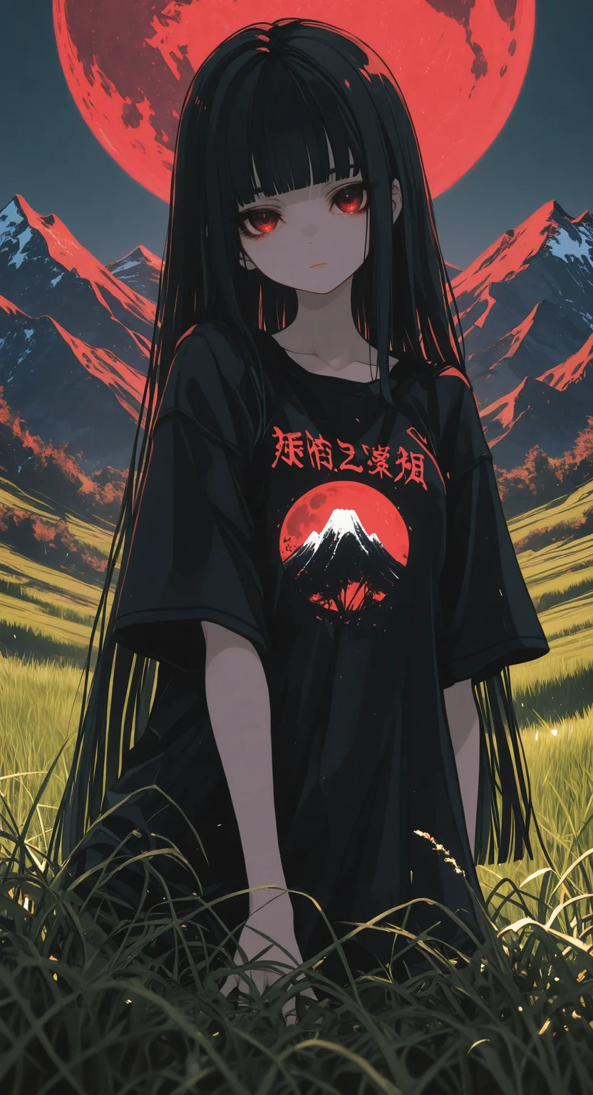 masterpiece, best quality, amazing quality, 1girl, solo, long hair, looking at viewer, shirt, black hair, red eyes, closed mouth, short sleeves, outdoors, blunt bangs, black shirt, expressionless, moon, grass, t-shirt, clothes writing, mountain, red moon <lora:noobai_ep11_stabilizer_v0.138_fp16:0.3> <lora:ppw_v7_noobVv1.0:0.5> <lora:XXX667:0.5> <lora:CrypticHue:1>