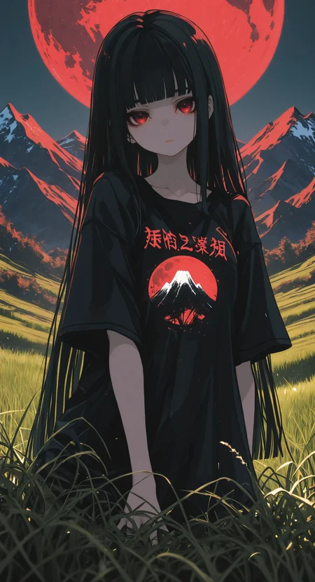 masterpiece, best quality, amazing quality, 1girl, solo, long hair, looking at viewer, shirt, black hair, red eyes, closed mouth, short sleeves, outdoors, blunt bangs, black shirt, expressionless, moon, grass, t-shirt, clothes writing, mountain, red moon <lora:noobai_ep11_stabilizer_v0.138_fp16:0.3> <lora:ppw_v7_noobVv1.0:0.5> <lora:XXX667:0.5> <lora:CrypticHue:1>