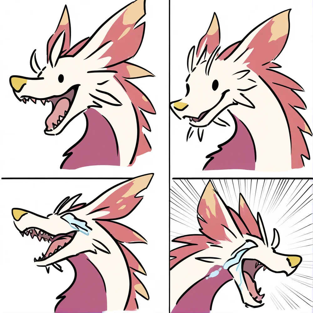 minimalism,pokemon (creature),animal focus,dragon,chibi,cute,meme,expression chart,4koma,
emphasis lines,open mouth,sharp teeth,head up,streaming tears,heartbreak,smile,screaming,
photography \(artwork\),inside,white background,
<lora:MIZUTSUNE-ILL-ADAM-V3-000018>,mizu,yellow nose,solo,, masterpiece,best quality,amazing quality,very aesthetic,highres,absurdres,
