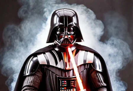 cinematic photo darth vader full body holding a fire lightsaber, . 35mm photograph, film, bokeh, professional, 4k, highly detailed