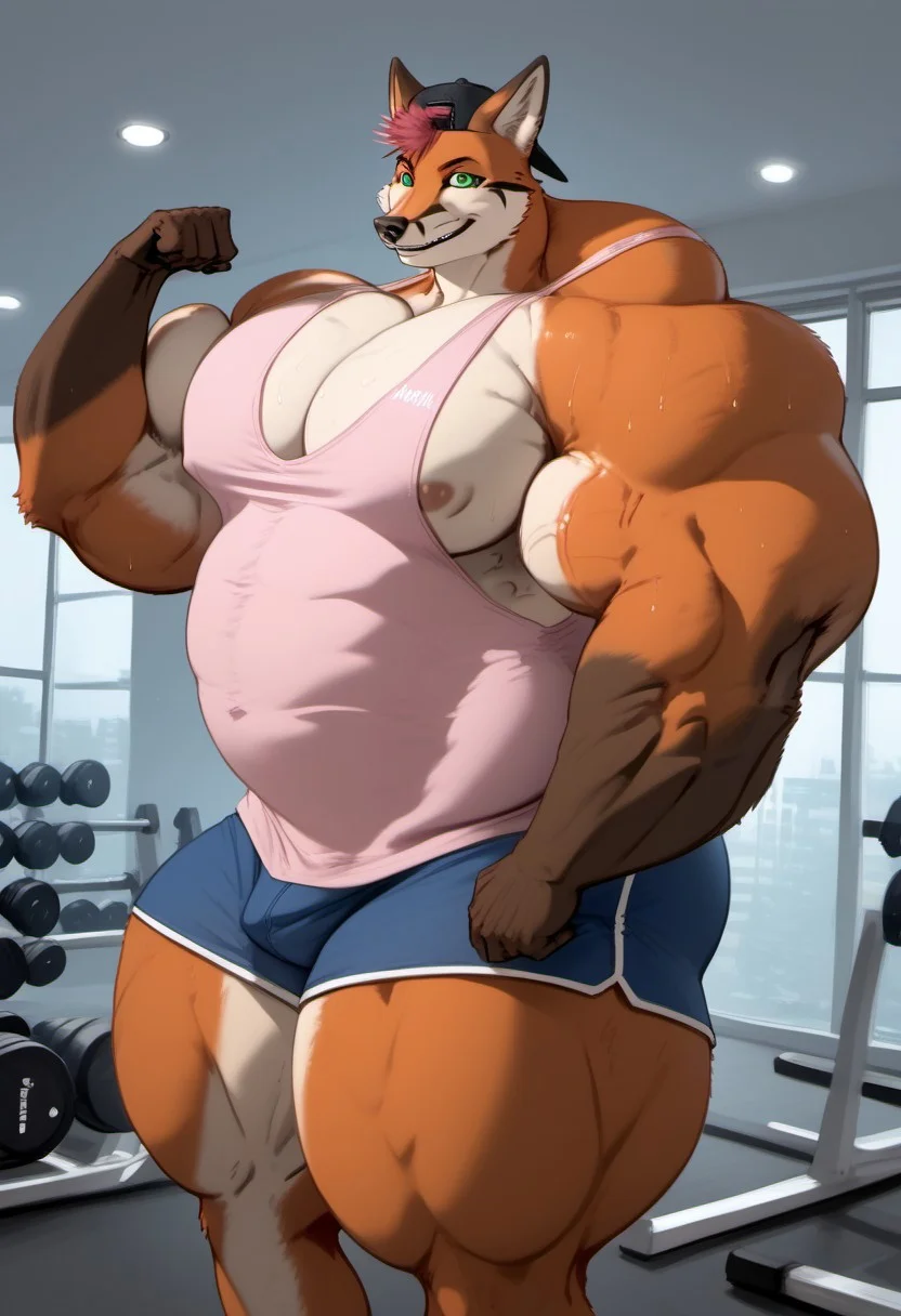 (masterpiece,best quality:1.2), (masterpiece, best quality), score_9, score_8_up, score_7_up, source:furry, dynamic lighting, detailed background, in the gym, anthro, furry, detailed eyes. detailed face, furry male,
BREAK
 gay, gay muscular anthropomorphic furry, furry male, male focus, fox, green eyes, orange fur, pink spiked hair, (highly detailed face, highly detailed eyes), aroused expression, looking at viewer, waring pink tee-shirt and shorts, muscular, hyper muscle, hyper muscular, hyper pectorals, hyper biceps, hunks, hyper thigh, hyper ass, hyper pecs, big biceps, pecs, big penis, bubblebutt, huge ass, big butt, backwards black hat, smirk, orgasming, cuming, erect penis, huge butt, ((muscular furry flexing)), sweaty, very high quality,
BREAK
<lora:add-detail-xl:1.5>,
<lora:DetailedEyes_V3:1>