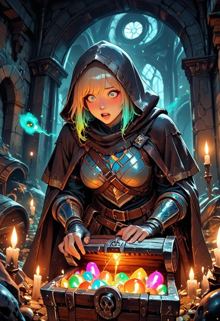 (masterpiece), (best quality), 8k, 1girl, fantasy adventurer girl, surprised expression, treasure chest, Mimic, Mimic chest, whimsical dungeon interior, glowing magical torches, scattered loot around, soft warm lighting, stylized fantasy armor, leather satchel, short cloak, colorful atmosphere, playful fantasy mood, cinematic lighting, semi-realistic style, detailed environment, magical sparkles in the air,