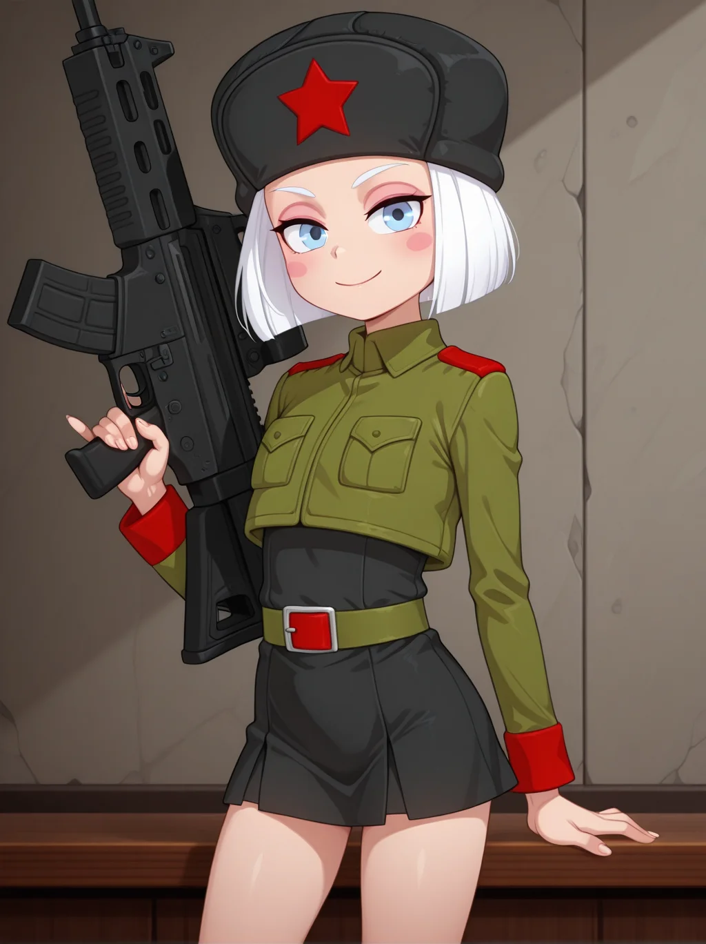 masterpiece,best quality,amazing quality,
solo,Vera,pale blue eyes, short hair, white hair, pink cheeks,earflap hat,green military jacket, dark gray dress, belt, looking at viewer, smile, cowboy shot, holding assault rifle fingernails,