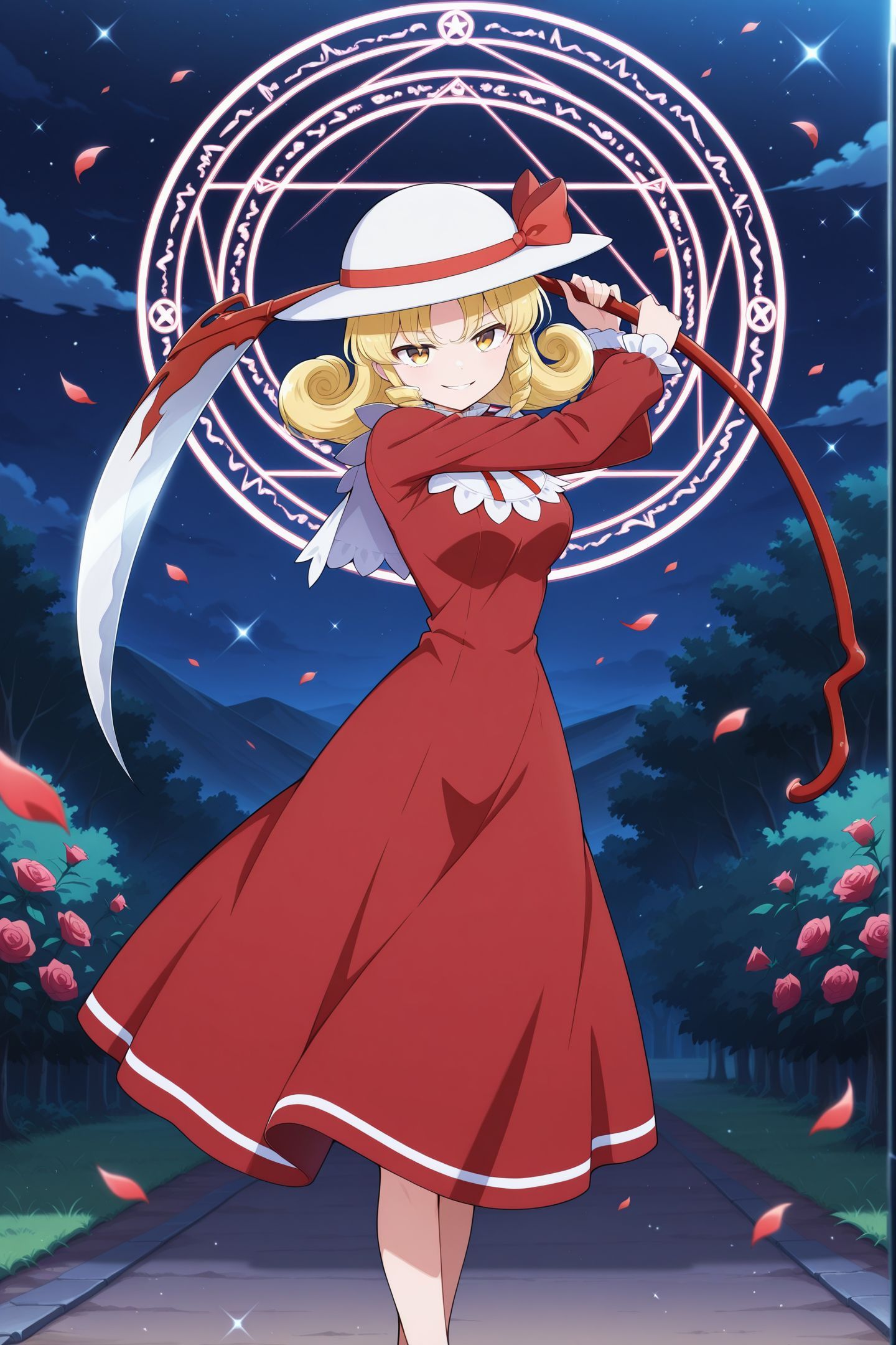 absurdres, highres, masterpiece, best quality, amazing quality, official anime artwork, screencap, anime screencap, outdoors, dynamic pose,
<lora:Elly_Illustrious:1> elly, 1girl, solo, yellow eyes, blonde hair, curly hair, short hair,, white hat, hat ribbon, red ribbon, red dress, neck ribbon, long sleeves, holding scythe, medium breasts, skinny,
night, light particles, rose, flowers, floating hair, evil smile, star, petals, magic circle, danmaku,