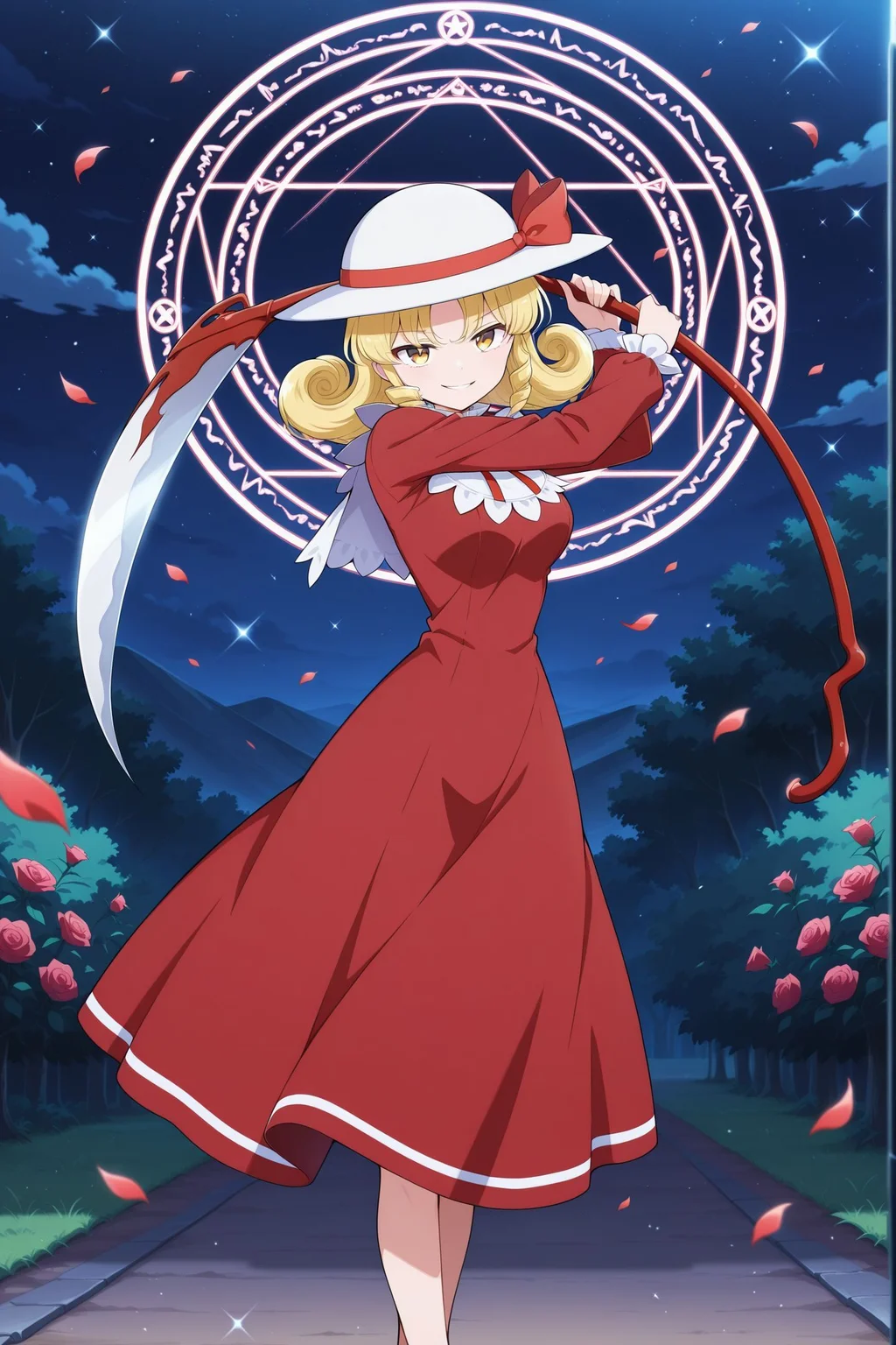 absurdres, highres, masterpiece, best quality, amazing quality, official anime artwork, screencap, anime screencap, outdoors, dynamic pose,
<lora:Elly_Illustrious:1> elly, 1girl, solo, yellow eyes, blonde hair, curly hair, short hair,, white hat, hat ribbon, red ribbon, red dress, neck ribbon, long sleeves, holding scythe, medium breasts, skinny,
night, light particles, rose, flowers, floating hair, evil smile, star, petals, magic circle, danmaku,