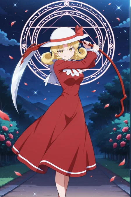 absurdres, highres, masterpiece, best quality, amazing quality, official anime artwork, screencap, anime screencap, outdoors, dynamic pose,
<lora:Elly_Illustrious:1> elly, 1girl, solo, yellow eyes, blonde hair, curly hair, short hair,, white hat, hat ribbon, red ribbon, red dress, neck ribbon, long sleeves, holding scythe, medium breasts, skinny,
night, light particles, rose, flowers, floating hair, evil smile, star, petals, magic circle, danmaku,