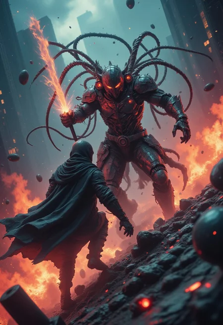 enistyle, A cinematic action shot of a Cyber information Punk mid-combat, their translucent visor cracked, exposing flickering bleaked energy lines beneath. The battlefield is a storm of chaosâsparks, shattered metal, and torn cloaks flying through the air as the warriorâs mechanical tendrils lash out like living weapons. A monstrous, shadowed figure charges from the neon-drenched haze, its own biomechanical limbs glowing with raw energy. The knight counters with a devastating strike, the impact sending shockwaves through the rain-soaked ground. Crimson arcs of light cut through the darkness, illuminating the combatants in a split-second tableau of power, fury, and impending doom. The air is thick with dust and the scent of ozone, a moment frozen in cinematic perfection.