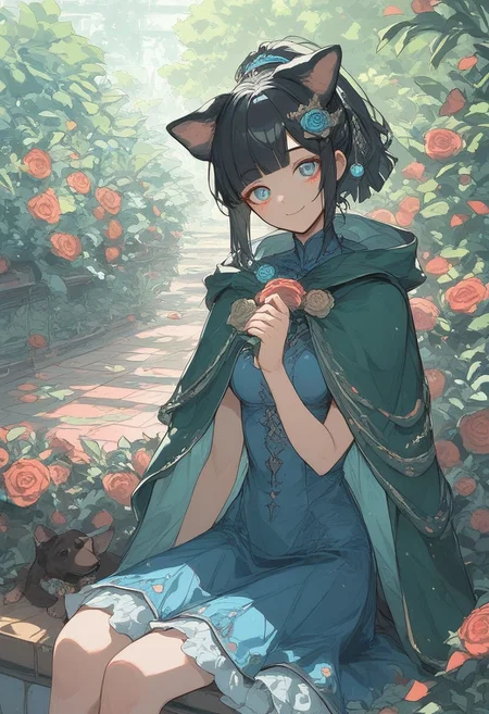 score_9, score_8_up, score_7_up, score_6_up, score_5_up, (art, sitting, head tilt, (psychedelic), garden, sunlight, dog ears, metal floor, rose, green cape, tattered cape, hood up, blue latex dress, hair ornament, 1girl, ponytail, black hair, blunt bang, smile, closed mouth)