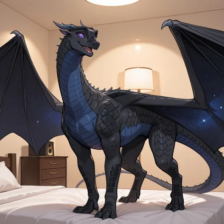 1girl, highres, absurdres, newest, masterpiece, best quality, furry, furry_female, Fatespeaker_wof, Nightwing_wof, dragon, claws, tail, starry wings, gray horns, black scales, blue underbelly, rounded snout, (purple sclera, black slit pupils), (quadruped, feral:1.3), detailed eyes, standing, open_mouth, open mouth smile, luxurious detailed room, bright room, day scene, professional lighting, white bed, solo, bedroom, smiling, seductive, looking_at_viewer, masterpiece, close up, safe