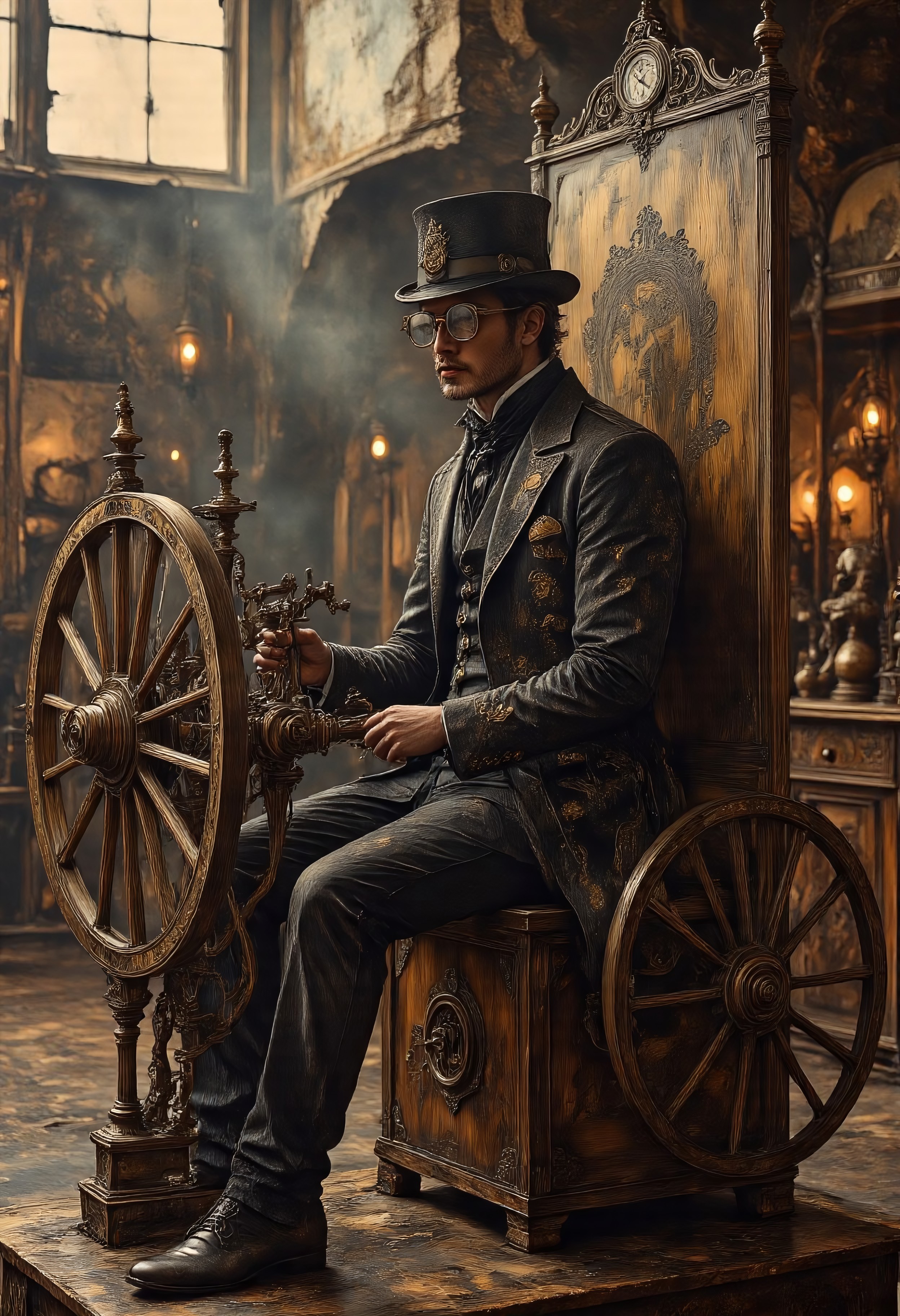 Masterpiece, best quality, steampunk. Wide shot, landscape, profile side view, character is small against vast background, chiaroscuro lighting, dramatic shadows. A wide shot of a highly detailed Victorian steampunk time machine inspired by H.G. Wells’ novel, crafted with intricate brass levers, polished mahogany panels, and large spinning wheels. The machine sits on a small platform on the floor of a vast victorian steampunk lab lit by gas lamps. Golden beams of daylight shine down on the time machine from a small high window. It has an ornate, mechanical aesthetic with exposed gears, copper tubing, and gauges. Seated inside is the inventor, a distinguished gentleman, his face enigmatically in the shadows, wearing a full steampunk ensemble—wearing brass-rimmed tinted goggles, a top hat, a leather waistcoat, and a high-collared coat. He sits in profile, seen from the side, his hands on the levers. His head is turned toward the viewer, expression neutral and mysterious, as he is about to embark on a journey through time. The aesthetic is full of dark brown and coppery brass hues, evoking a sense of mystery and adventure. Steampunk Apparel, Jed-stmpnk, steampunk
