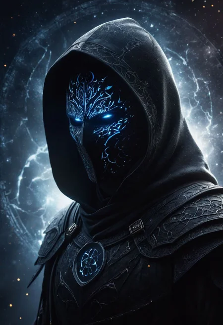 A dark ghostly male silhouette. Messenger of Gaa. Cracked skin. light armor. Cracked armor. Canvas hood. Runic circle. Elements. Power from inside. Glowing eyes. Bokeh blur. ral-dissolve.BadDream photorealistic,