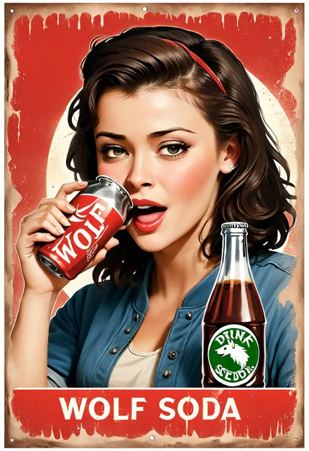 poster of a woman drinking soda, text "Drink Wolf Soda", falloutpostsdxl,<lora:falloutpostsdxl:0.8>, 1960s \(style\), distressed poster, wolf logo,