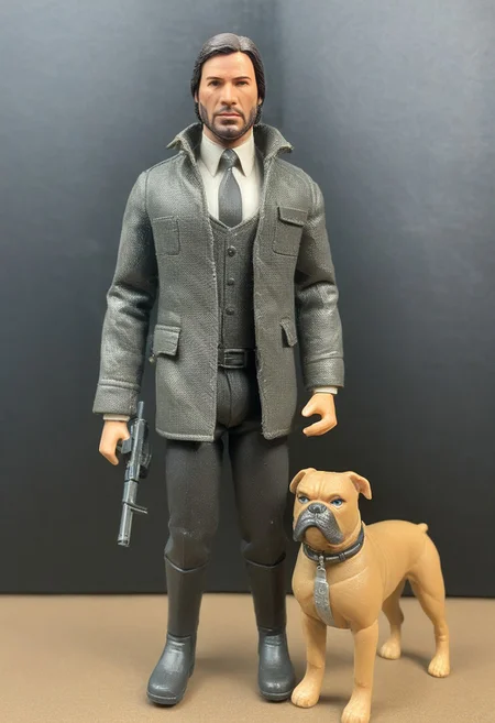 1987 Action Figure Playset Packaging of John Wick.  The John Wick Action Figure is packaged with companion bulldog and accessory pistol.