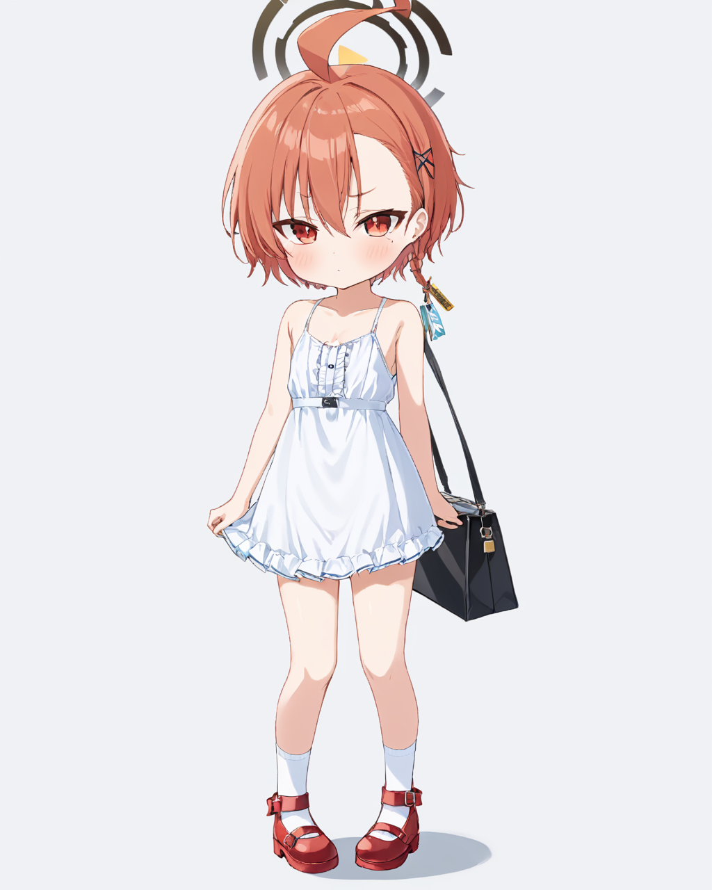 neru \(blue archive\),1girl, randoseru, solo, ahoge, mole_under_eye, halo, white_dress, aged_down, white_background, looking_at_viewer, red_footwear, simple_background, bag_charm, collarbone, charm_\(object\), full_body, downblouse, hairclip, kneehighs, blush, mary_janes, sleeveless, small_breasts, flat_chest, bare_shoulders, white_socks, strap_slip, standing
<lora:neru_(blue_archive)_image1870_2023-11-28:1>halo. gorgeous,key visual, vibrant, studio anime,award-winning, professional, highly detailed,high budget, cinemascope