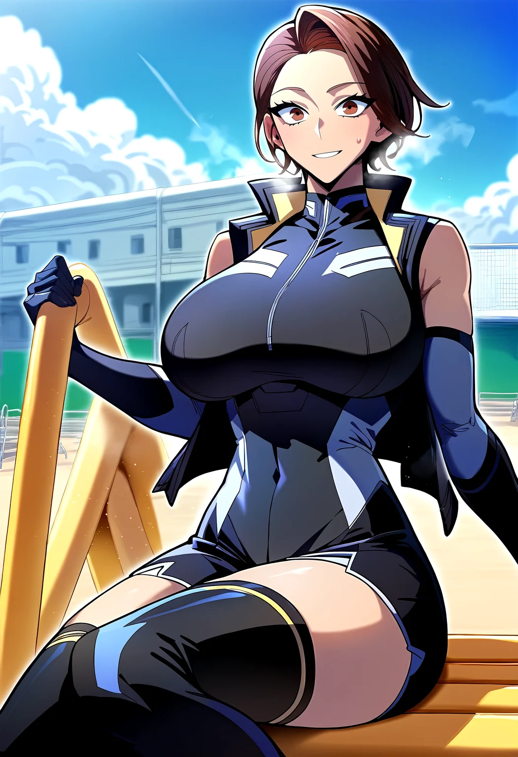 score_9, score_8_up, score_7_up, score_6_up, source_anime, rating_explicit, <lora:neg4all_bdsqlsz_V3.5:2.0>1girl, solo, huge breasts, <lora:Baek Hayeonponyxl:1> brown hair, short hair, brown eyes, sleeveless jacket, black jacket, elbow gloves, boots, black gloves, thighhighs, smile, Narrow shoulders, heavy breathing, sweat, steaming body, playground, outdoor, looking at viewer