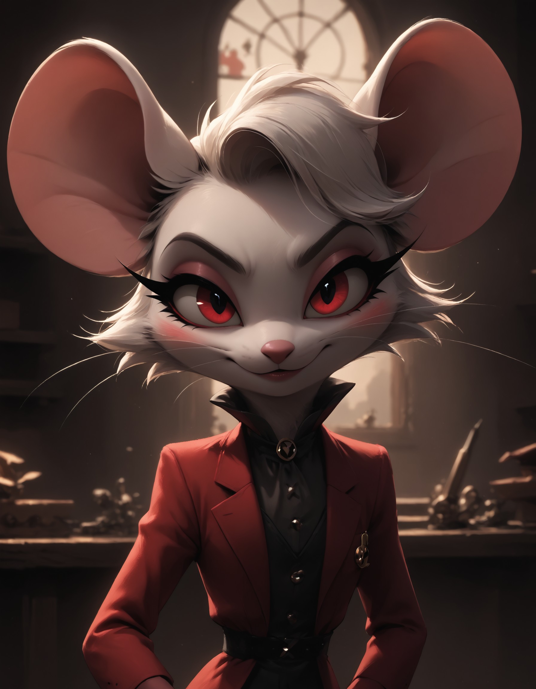 toon <lora:Goldie_pony:0.5> m0use_goldie, fluffy, helluva_boss, white fur, red eyes, 
<lora:dark_slider_xl:0.5> <lora:Helluva_CartoonStyle_pony_v1:1.0> HCSV1