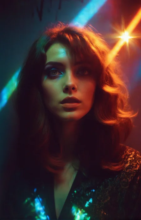 cinematic photo , lomography, starburst filter, grainy film, medium shot of a beautiful woman, jade eyes, medium brown lob hair, with fabulous makeup posing against a wall, light leaks, colorful lights, psychedelic, prism, prismatic, a hologram, holography, monotones, blown out, <lora:F8HAUSPRISM:1.2> . 35mm photograph, film, bokeh, professional, 4k, highly detailed