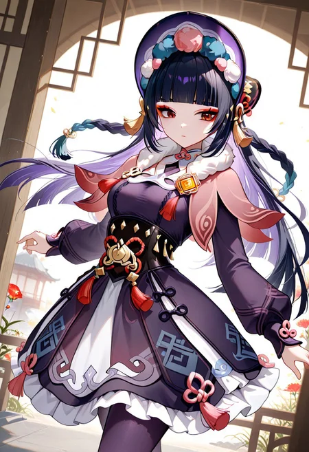 1girl. solo, GSYunJin, long hair, breasts, black hair, hair ornament, red eyes, medium breasts, blue hair, braid, purple hair, multicolored hair, blunt bangs, twin braids, makeup, tassel, eyeshadow, hime cut, red eyeshadow,
long sleeves, dress, hat, pantyhose, frills, puffy sleeves, black dress, black pantyhose, fur trim, black headwear, capelet, frilled dress, multicolored clothes, puffy long sleeves, purple dress, pom pom (clothes), corset, fur collar, vision (genshin impact), purple headwear, bonnet, flower knot, purple pantyhose, black corset, pink capelet, multicolored headwear,
dynamic pose,