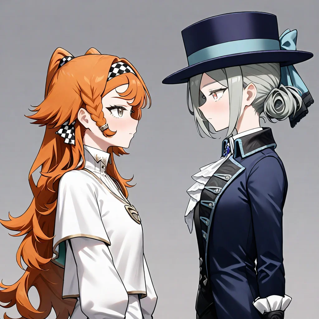 2girls,standing,grey background,,sonetto\\(reverse:1999\\),white shirt,vertin\(reverse:1999\),facing_another,eye_contact,hat.,green eyes, grey eyes.<lora:1999a:1>, masterpiece, best quality, very aesthetic, absurdres