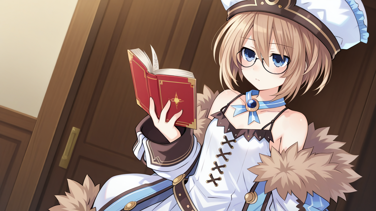 solo,, masterpiece, best quality, amazing quality, very aesthetic, absurdres, newest, anime screencap, <lora:blancILM:1>, blanc (neptunia), blue eyes, blush, flat chest, brown hair, short hair, tsunako, bare shoulders, belt, fur trim, fur-trimmed coat, brooch, cross-laced clothes, frills, frilled hat, open clothes, open jacket, jacket, jewelry, loose belt, neck ribbon, off shoulder, coat, white dress, book, holding, holding book, glasses,