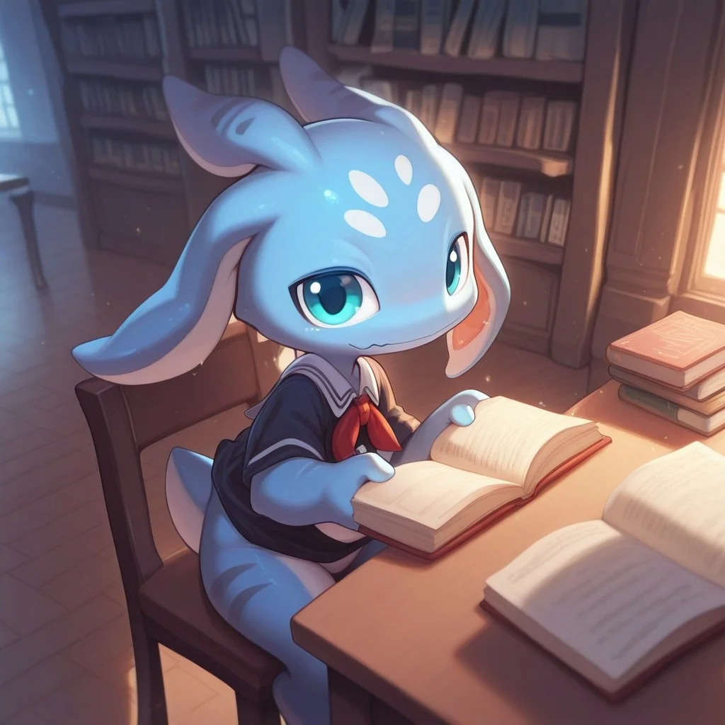 masterpiece, best quality, amazing quality, very aesthetic, absurdres, newest, extreme detail,fantastic,4k,8k,hdr,1boy,solo, BREAK Fizz(/amphibian,marine,slim,yordle, colored skin,blue skin,short tail,cute,tiny/),library,reading,chair,table,reading books,look at viewer,furry114514,school uniforms