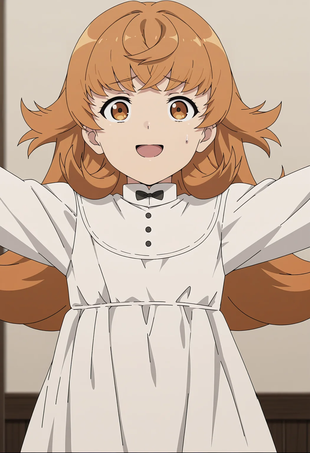 <lora:Julie_1.0_illustrious (20):1>,
Julie,solo,dress,white dress,sweatdrop,open mouth,bow,upper body,smile,outstretched arms,anime screencap