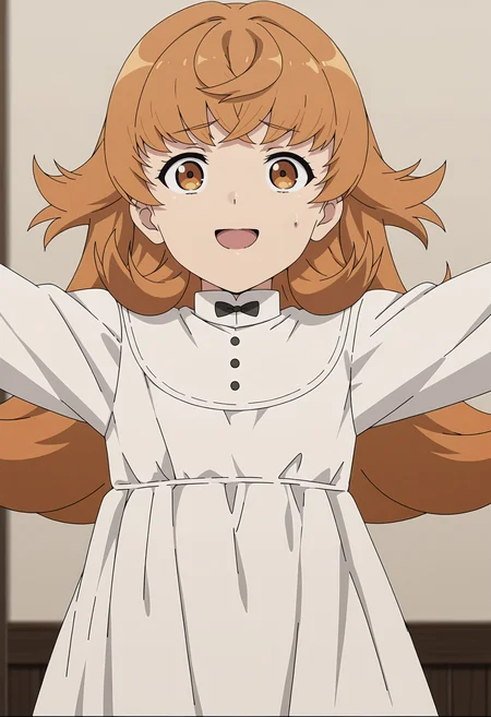 <lora:Julie_1.0_illustrious (20):1>,
Julie,solo,dress,white dress,sweatdrop,open mouth,bow,upper body,smile,outstretched arms,anime screencap
